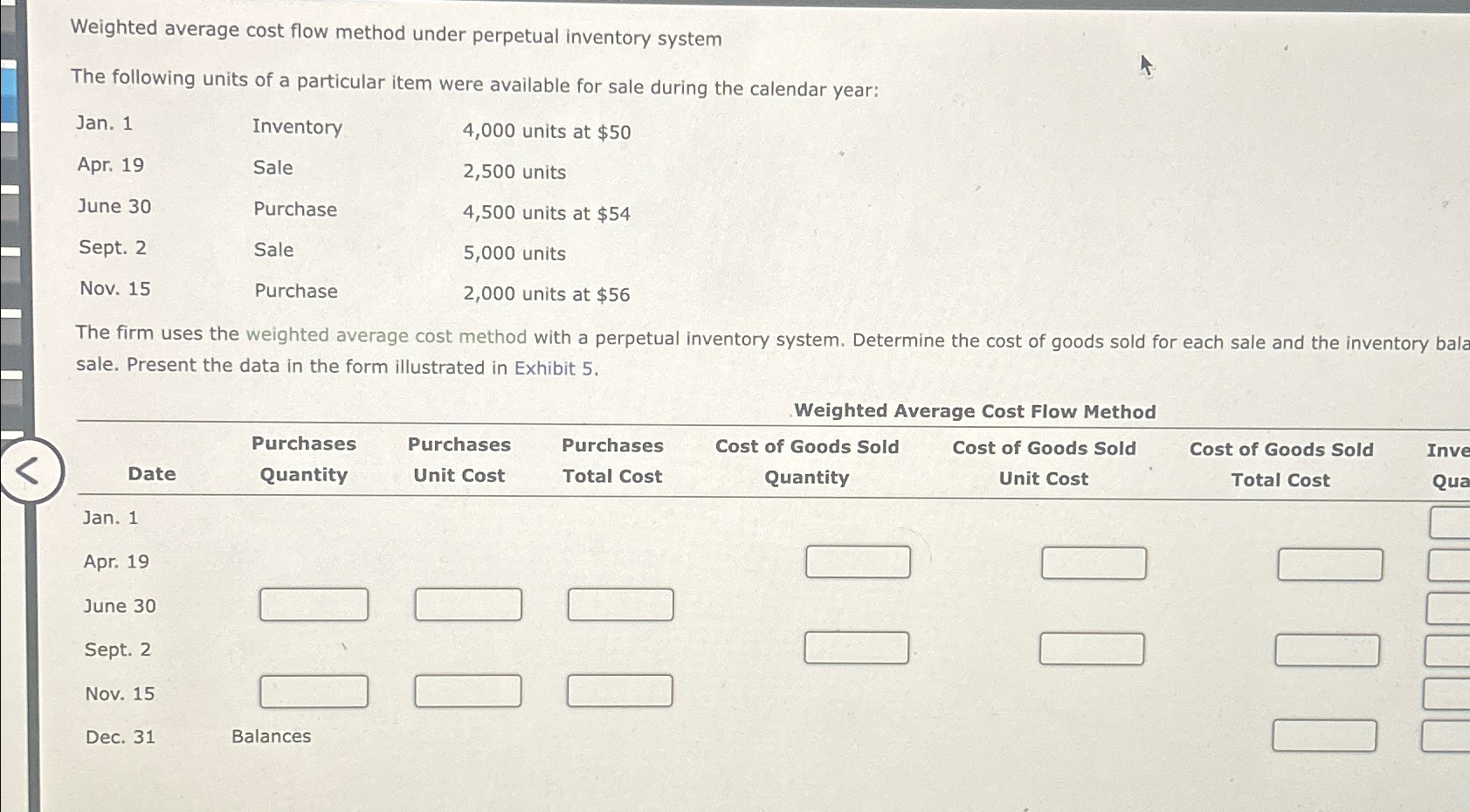  Weighted average cost flow method under perpetual inventory system The following