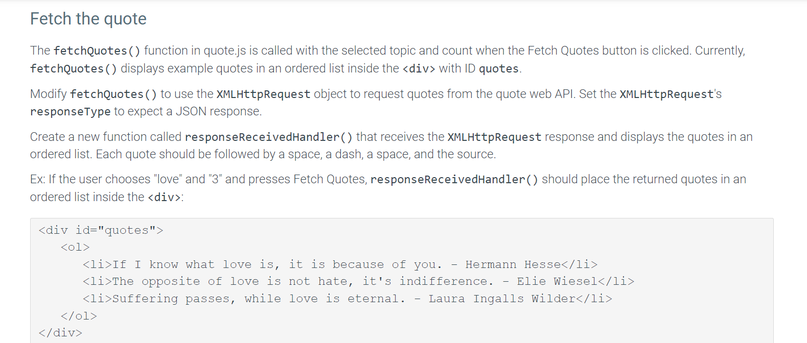 use a web API to fetch and display quotes on a selected