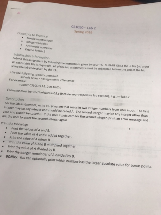  CS1050-Lab 2 Spring 2019 Concepts to Practice . Simple input/output .
