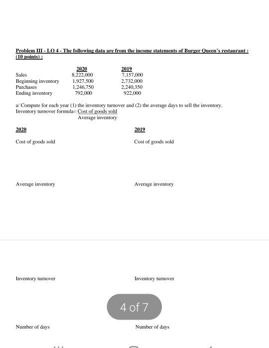  Problem III - LO 4 - The following data are from