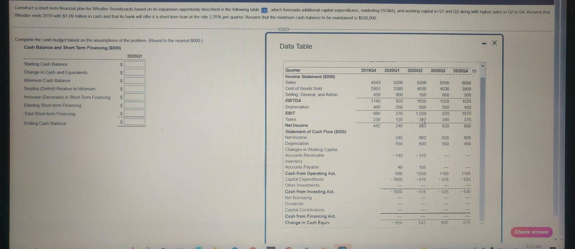 Construct a short-tem financial plan for Whistler Snowboards based on its