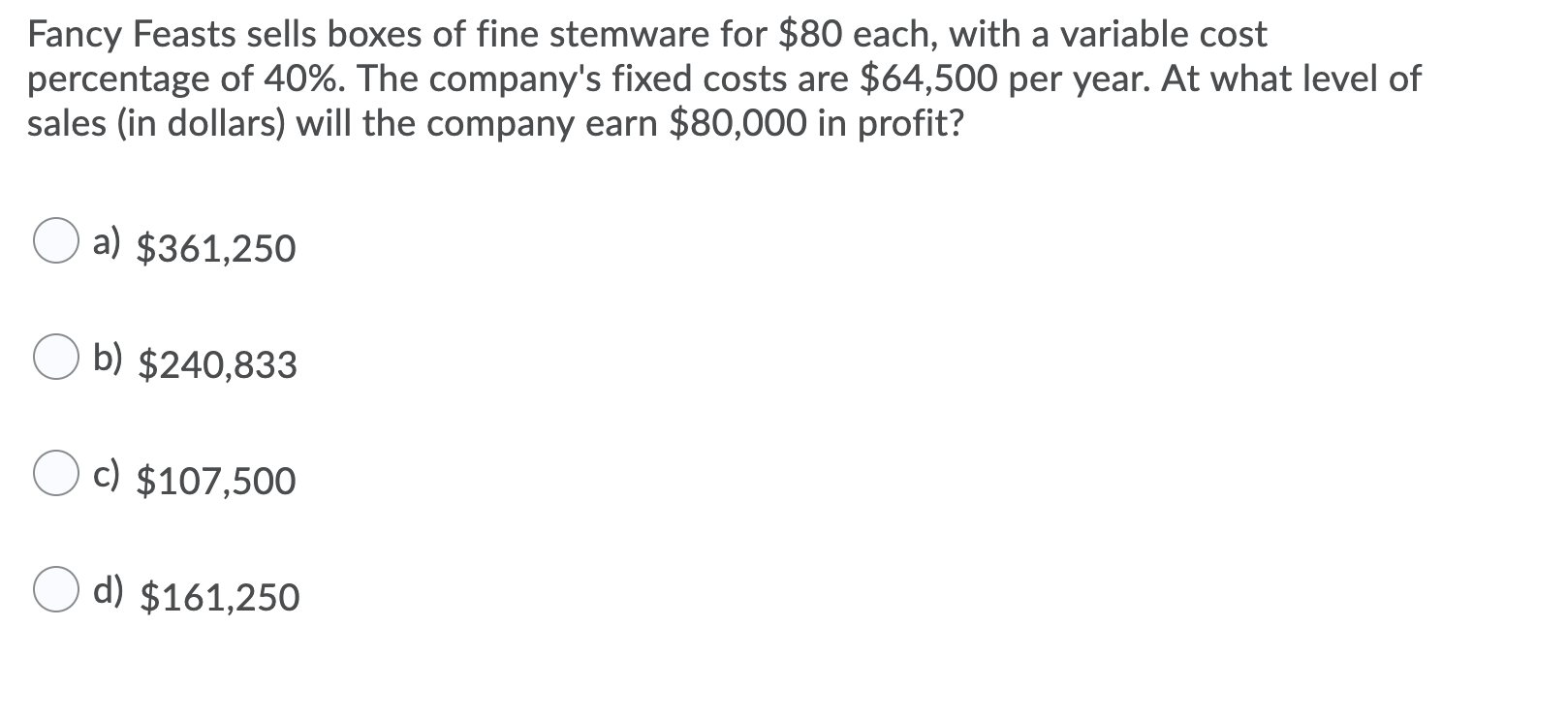 Fancy Feasts sells boxes of fine stemware for $80 each, with