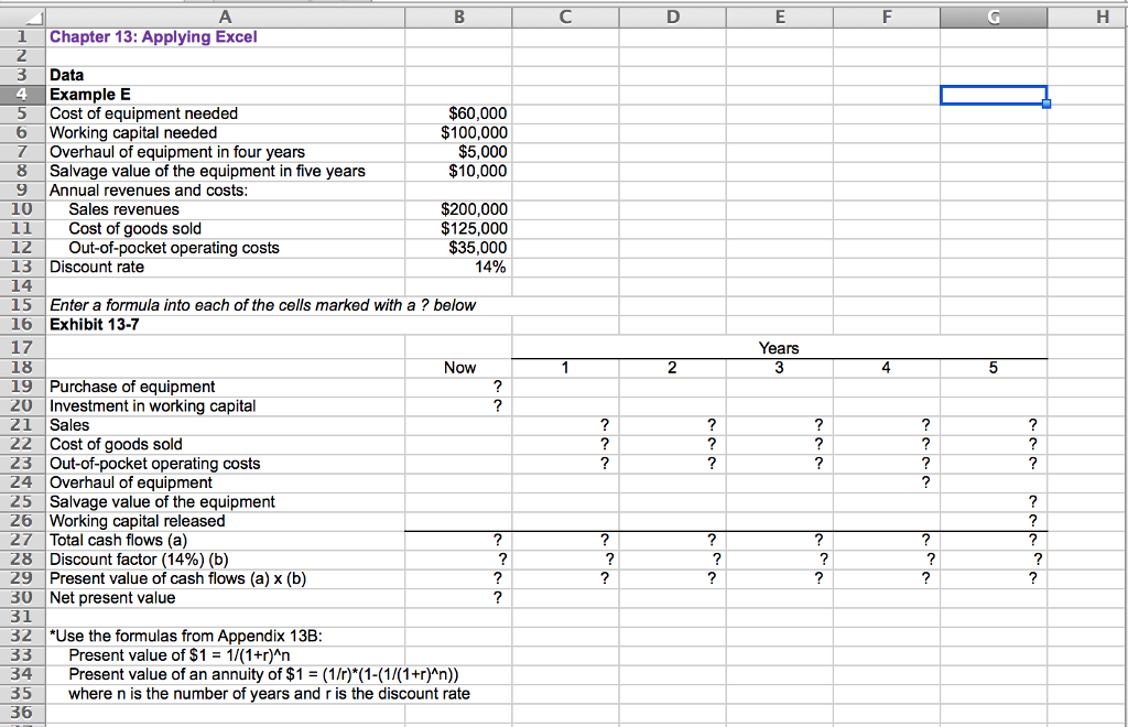 I need help with the formulas for each question mark on the