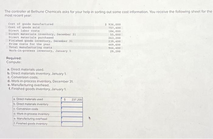  The controller at Bethune Chemicals asks for your help in sorting