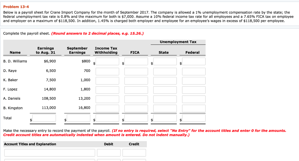  Problem 13-4 Below is a payroll sheet for Crane Import Company