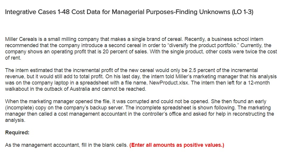 Integrative Cases 1-48 Cost Data for Managerial Purposes-Finding Unknowns (LO 1-3)