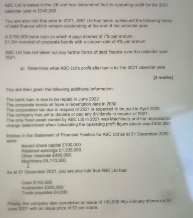  ABC Ltd is based in the UK and has determined that