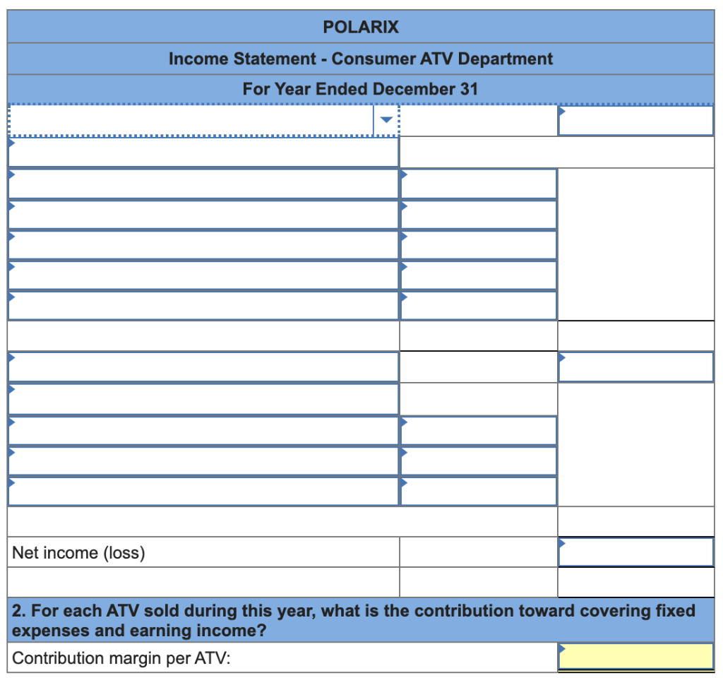 a retailer of ATVs (all-terrain vehicles) and accessories. An income statement for
