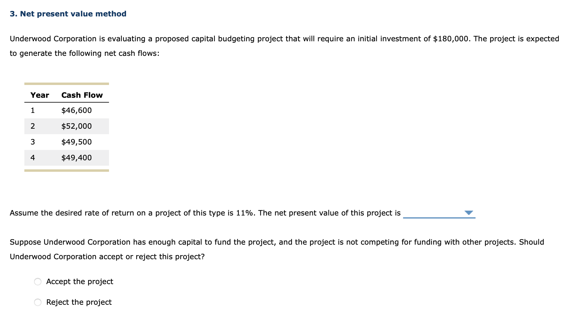 3. Net present value method Underwood Corporation is evaluating a proposed