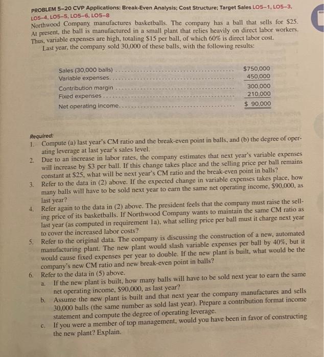  PROBLEM 5-20 CVP Applications: Break-Even Analysis; Cost Structure; Target Sales LO5-1,