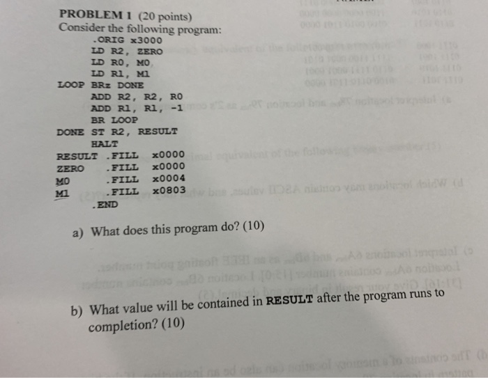 Computer Arctectire PROBLEMI (20 points) Consider the following program: ORIG 3000 LD