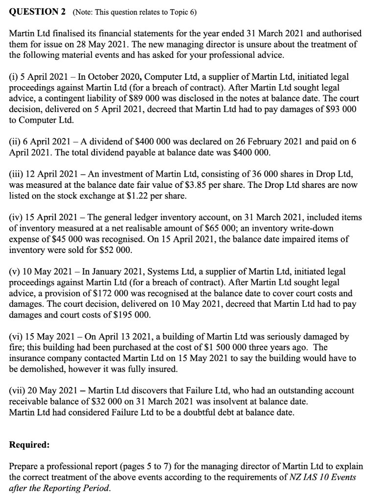  QUESTION 2 (Note: This question relates to Topic 6) Martin Ltd