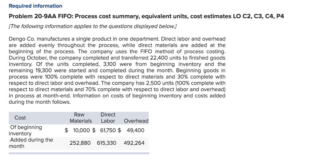  Required information Problem 20-9AA FIFO: Process cost summary, equivalent units, cost