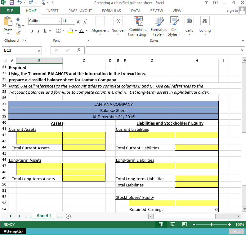  DL Preparing a classified balance sheet - Excel ? - u
