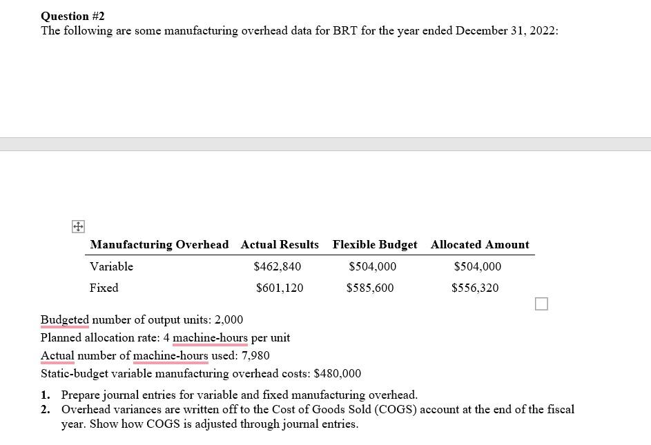  Question #2 The following are some manufacturing overhead data for BRT