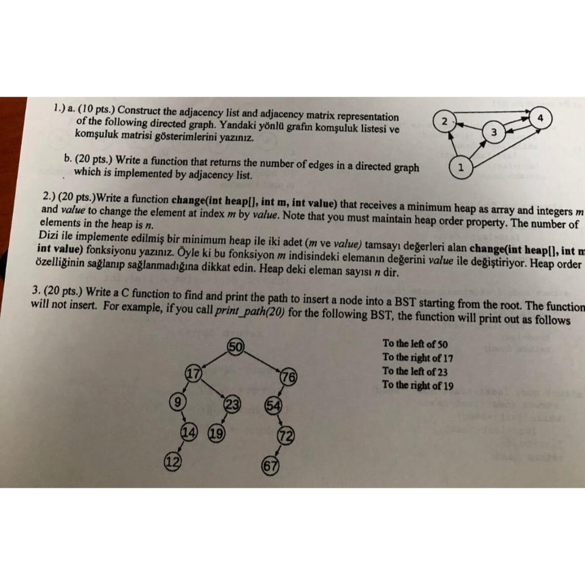  1.) a.(10 pts.) Construct the adjacency list and adjacency matrix representation