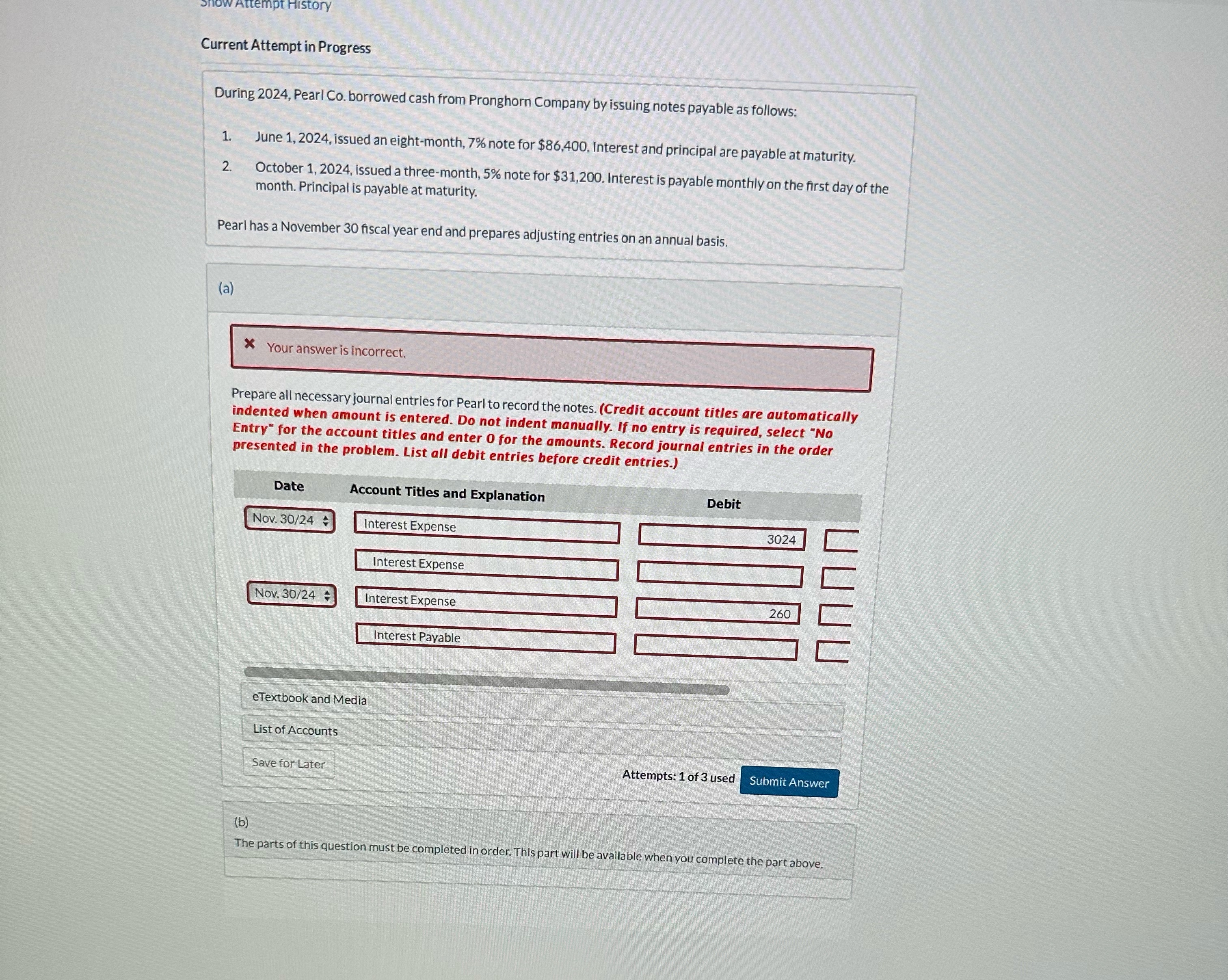  Attempt History Current Attempt in Progress During 2024, Pearl Co. borrowed
