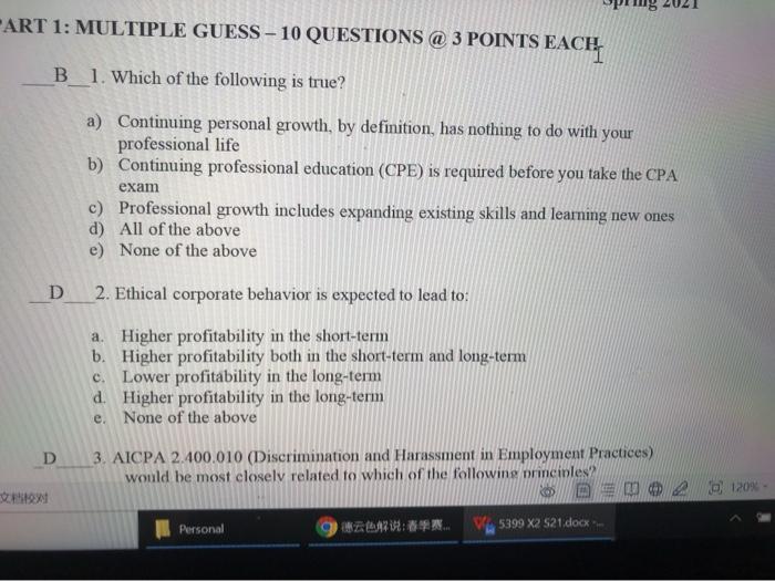  -ART 1: MULTIPLE GUESS 10 QUESTIONS @ 3 POINTS EACH B_1.