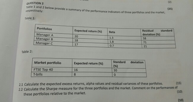 QUESTION 2 Table 1 and 2 below provide a summary of