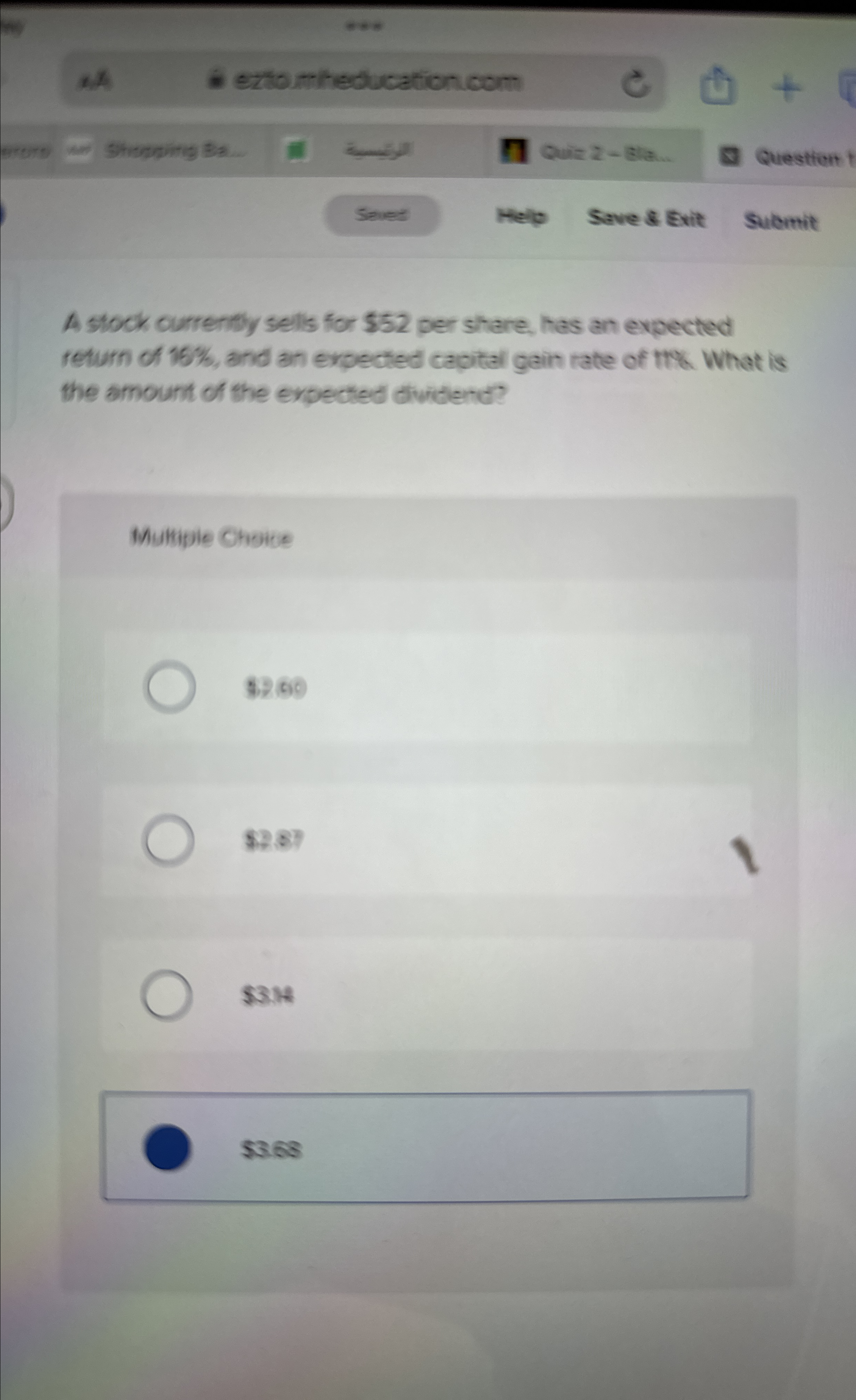  A stock currenty sells for $52 per share, has an expected