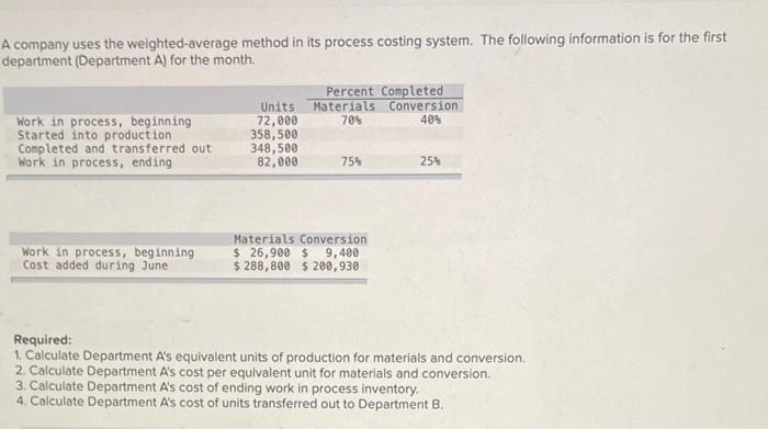  A company uses the weighted-average method in its process costing system.