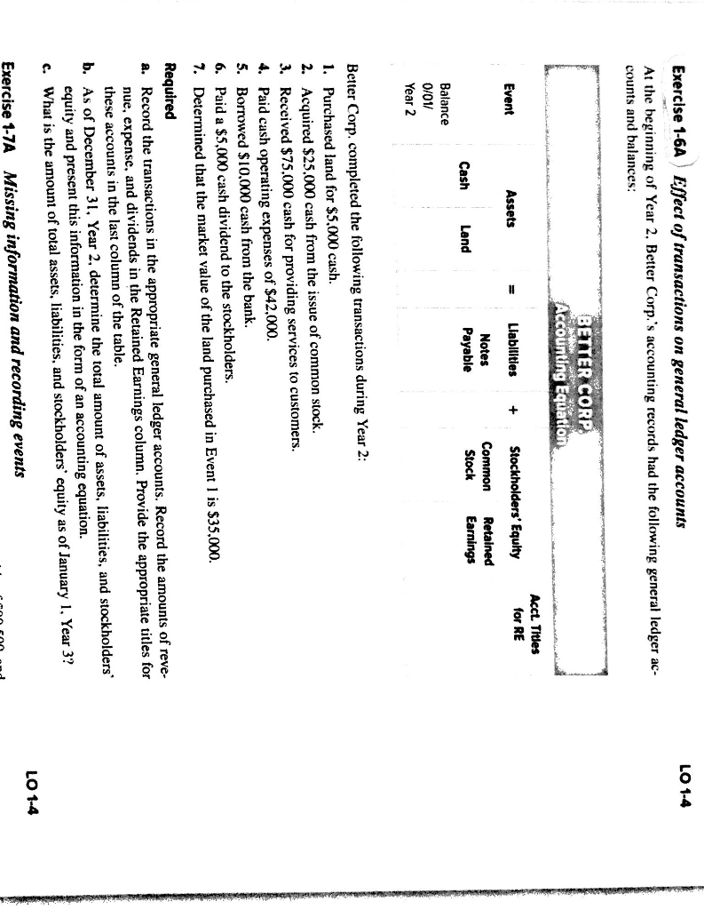 Please write a clear answer Exerclse 1-6A Effect of transactions on general