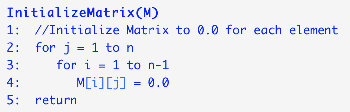  Assuming that the bug is corrected. The assignment statement "M[j][i] =