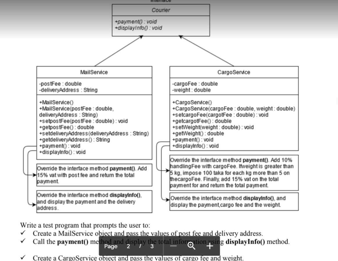  Courier +payment(): void +displayinfo() : void MailService -postFee: double -deliveryAddress :