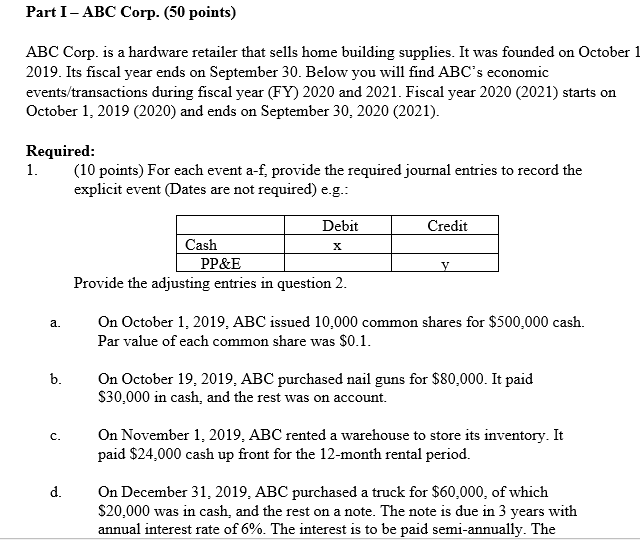Part I - ABC Corp. (50 points) ABC Corp. is a