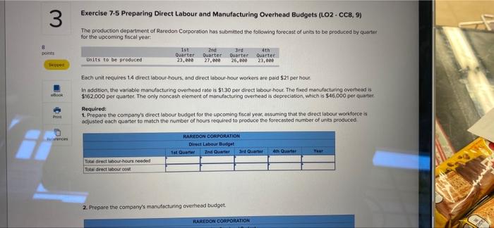  3 Exercise 7.5 Preparing Direct Labour and Manufacturing Overhead Budgets (LO2-CC8,9)