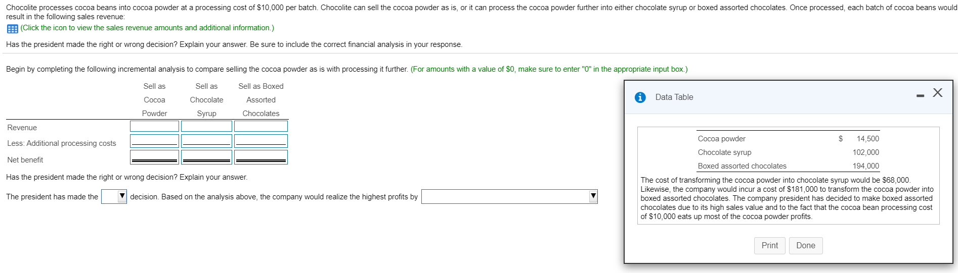  Chocolite processes cocoa beans into cocoa powder at a processing cost