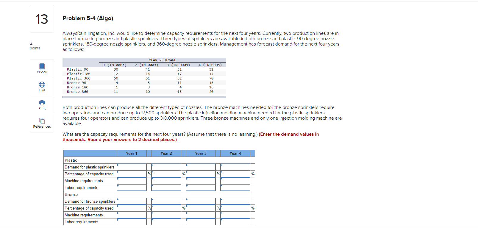  Problem 5.4(Algo) AlwaysRain Irrigation, Inc. would like to determine capacity requirements