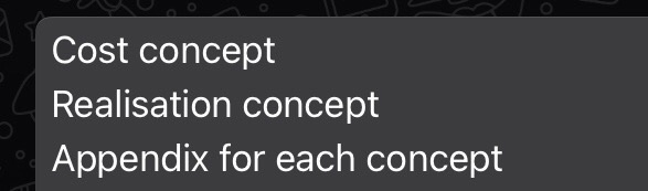  Cost concept Realisation concept Appendix for each concept