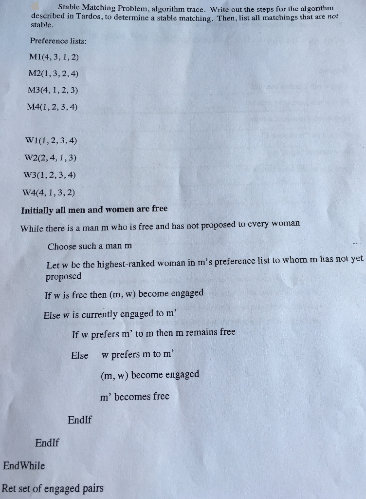 Stable Matching Problem, algorithm trace. Write out the steps for the algorithm