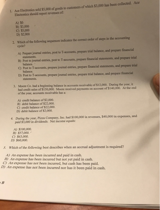  Please answer all please Ace Electronics sold $ 5,000 of goods