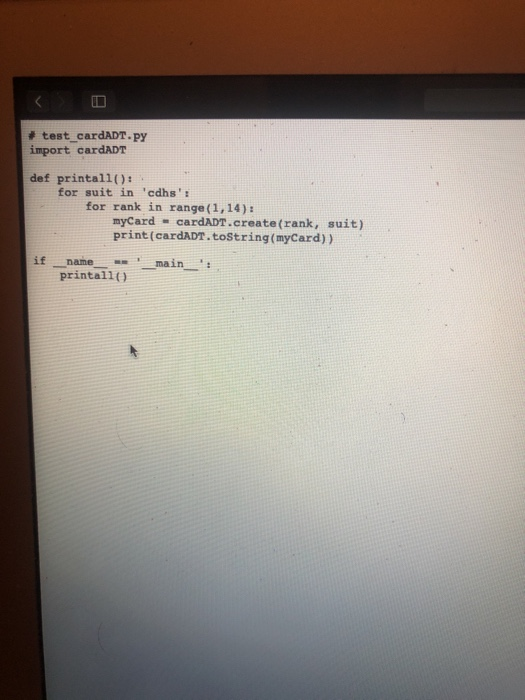 = 'cdhs' SUIT_NAMES = ['clubs', 'diamonds', 'hearts', 'spades') _RANKS - list (range(1,14))