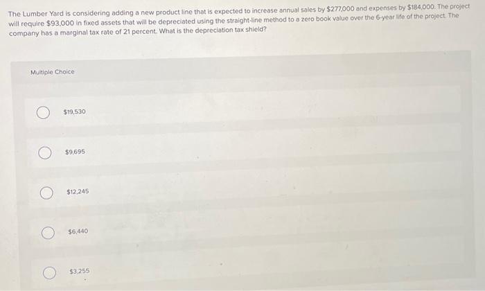  The Lumber Yard is considering adding a new product line that