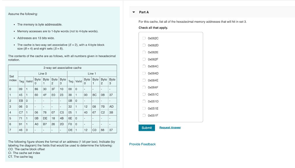 Computer Arch Part A Assume the following For this cache, list all