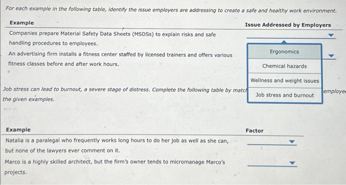  For each example in the following table, identify the issue employers