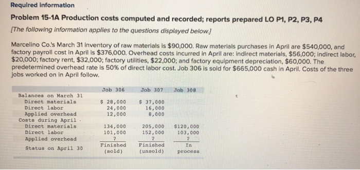  Required information Problem 15-1A Production costs computed and recorded; reports prepared