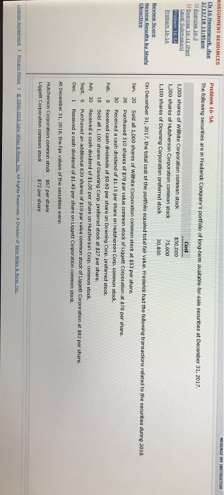  Problem 16-5A ASSIGNMENT RESOURCES Problem 16-5A securities at December 31, 2017