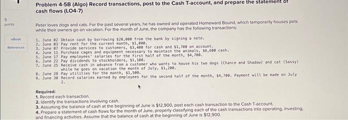  5 points eBook References Problem 4-5B (Algo) Record transactions, post to
