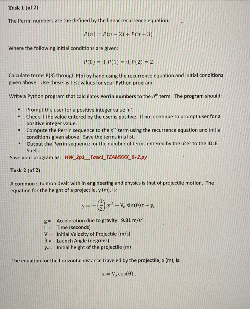  The question to write the python programs Task 1 (of 2)