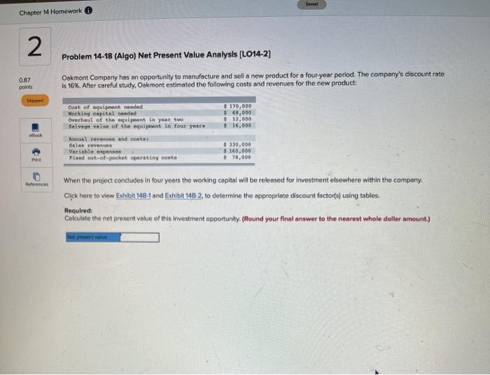  Chapter 14 Homework 2 Problem 14-18 (Algo) Net Present Value Analysis