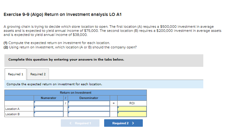 Exercise 9-9 (Algo) Return on investment analysis LO A1 A growing chain