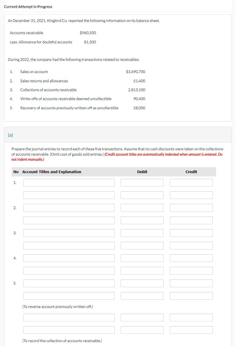Current Attempt in Progress At December 31, 2021, Kingbird Co. reported