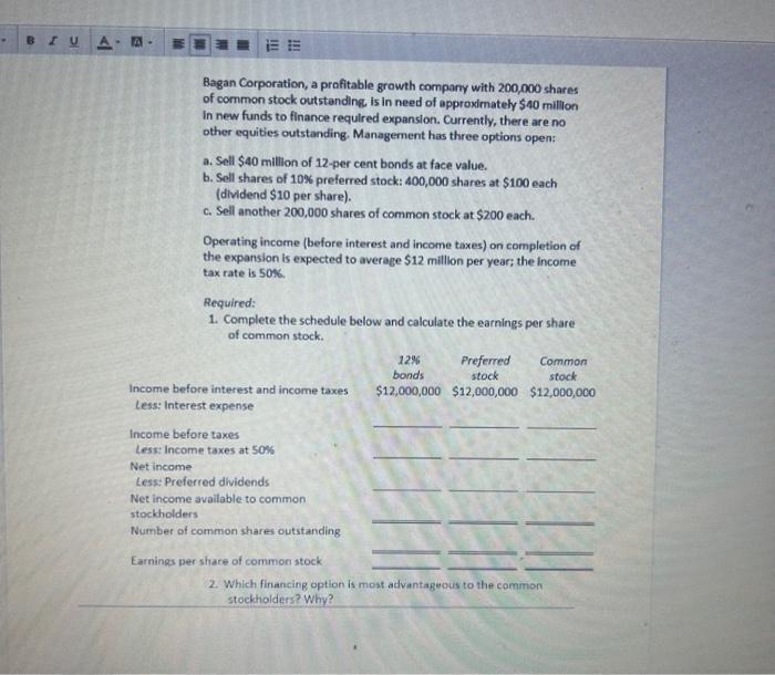 Please answer everything including 2. at the bottom Bagan Corporation, a profitable