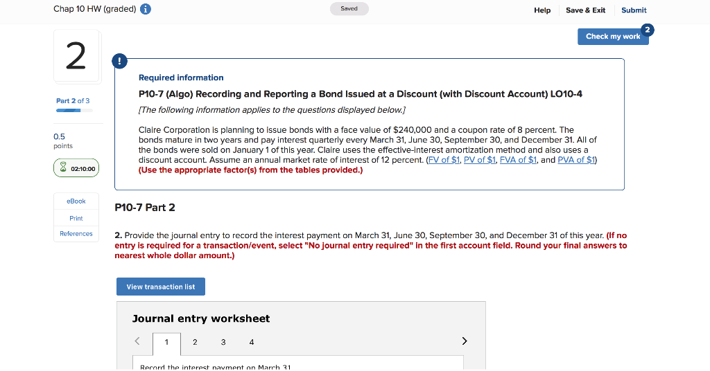 Chap 10 HW (graded) i Saved Help Save & Exit Submit