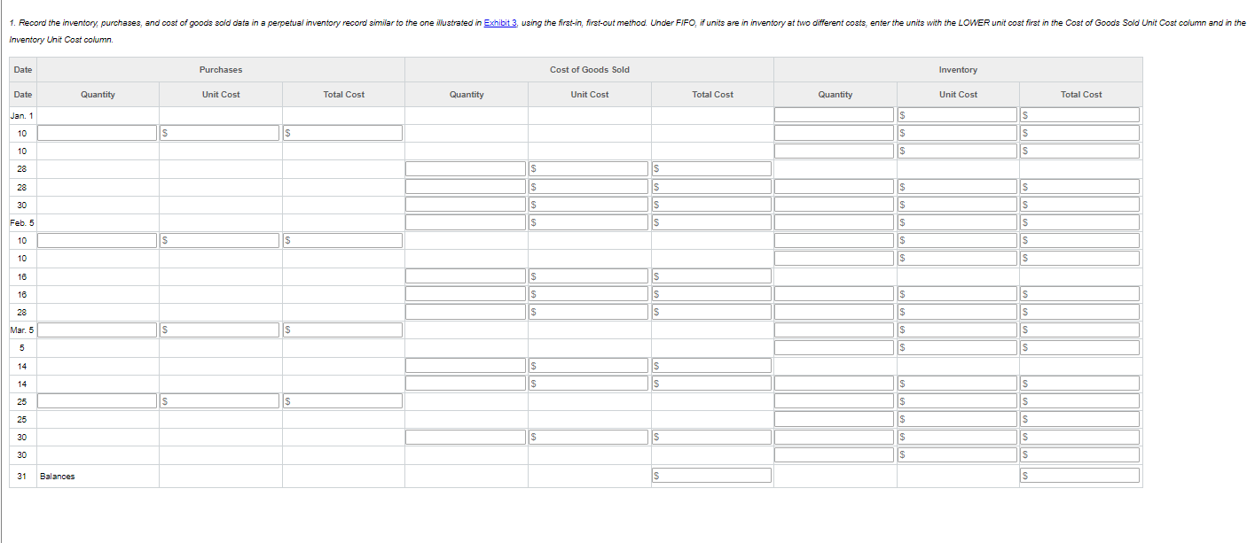 Required: 1. Record the inventory, purchases, and cost of goods sold data