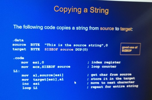  masm, Copying a String The following code copies a string from